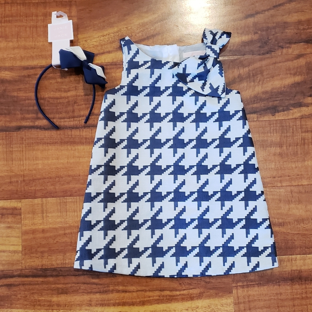 Janie and Jack VGUC/NWT 18-24 months blue/ivory houndstooth dress & bow headband